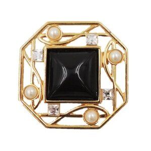 Vintage 1980s Monet Deco Style Goldtone Faux-Onyx & Pearl Brooch